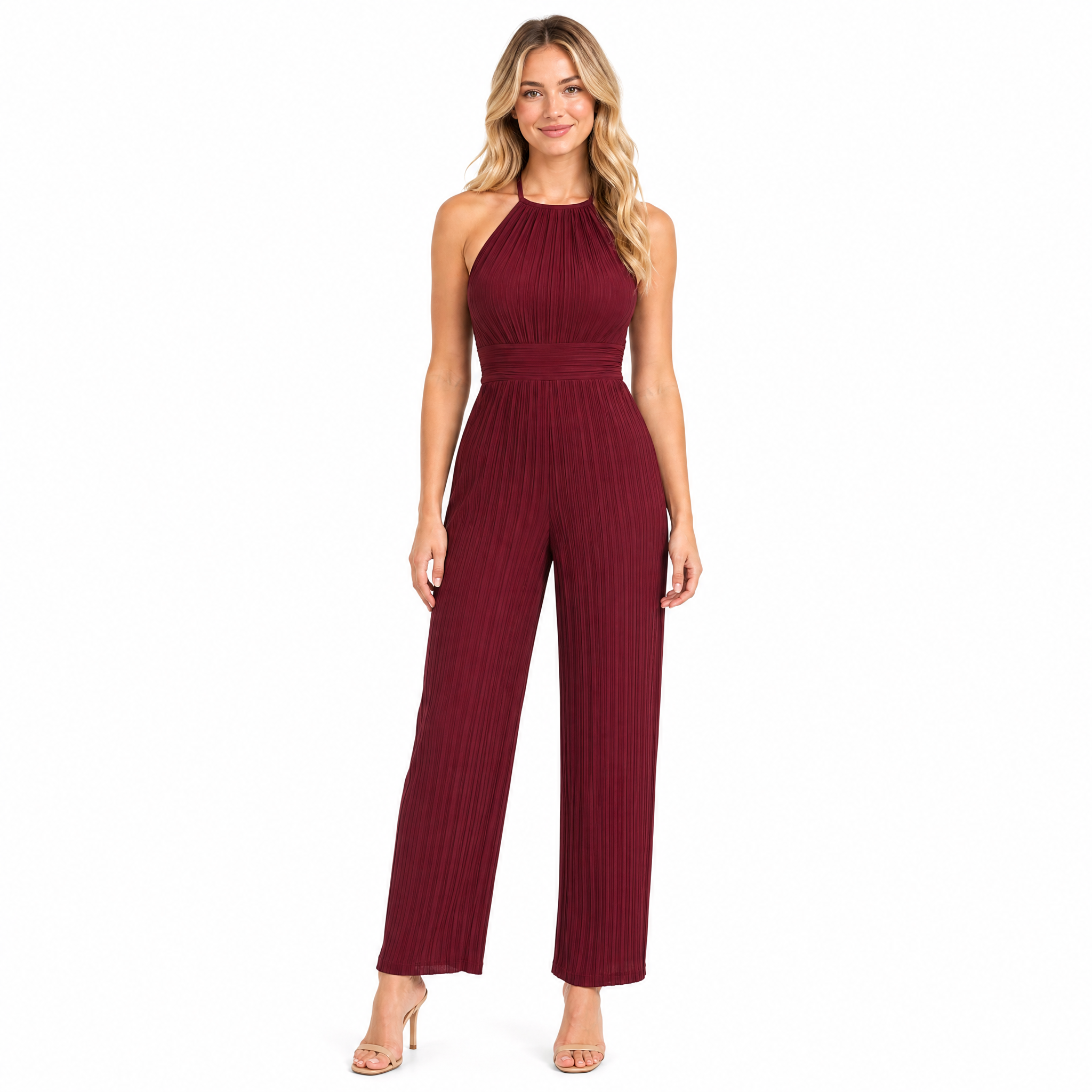 Burgundy Pleated Halter-Tie Jumpsuit front view