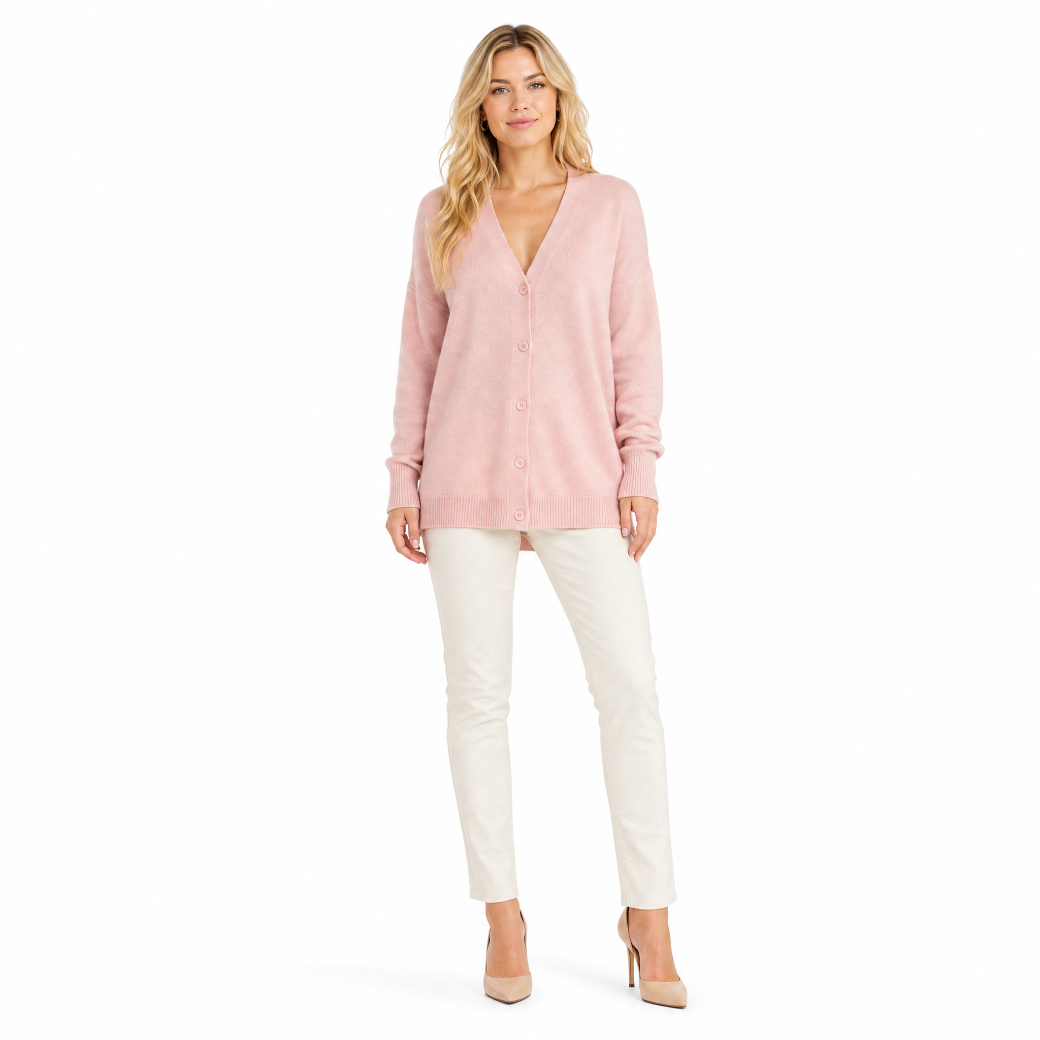 Pink Cashmere V-Neck Cardigan front view