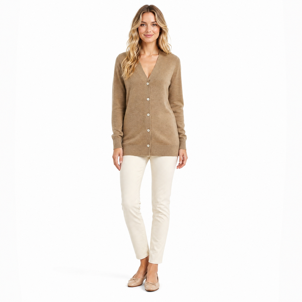 Khaki Cashmere Single-Breasted Cardigan front view