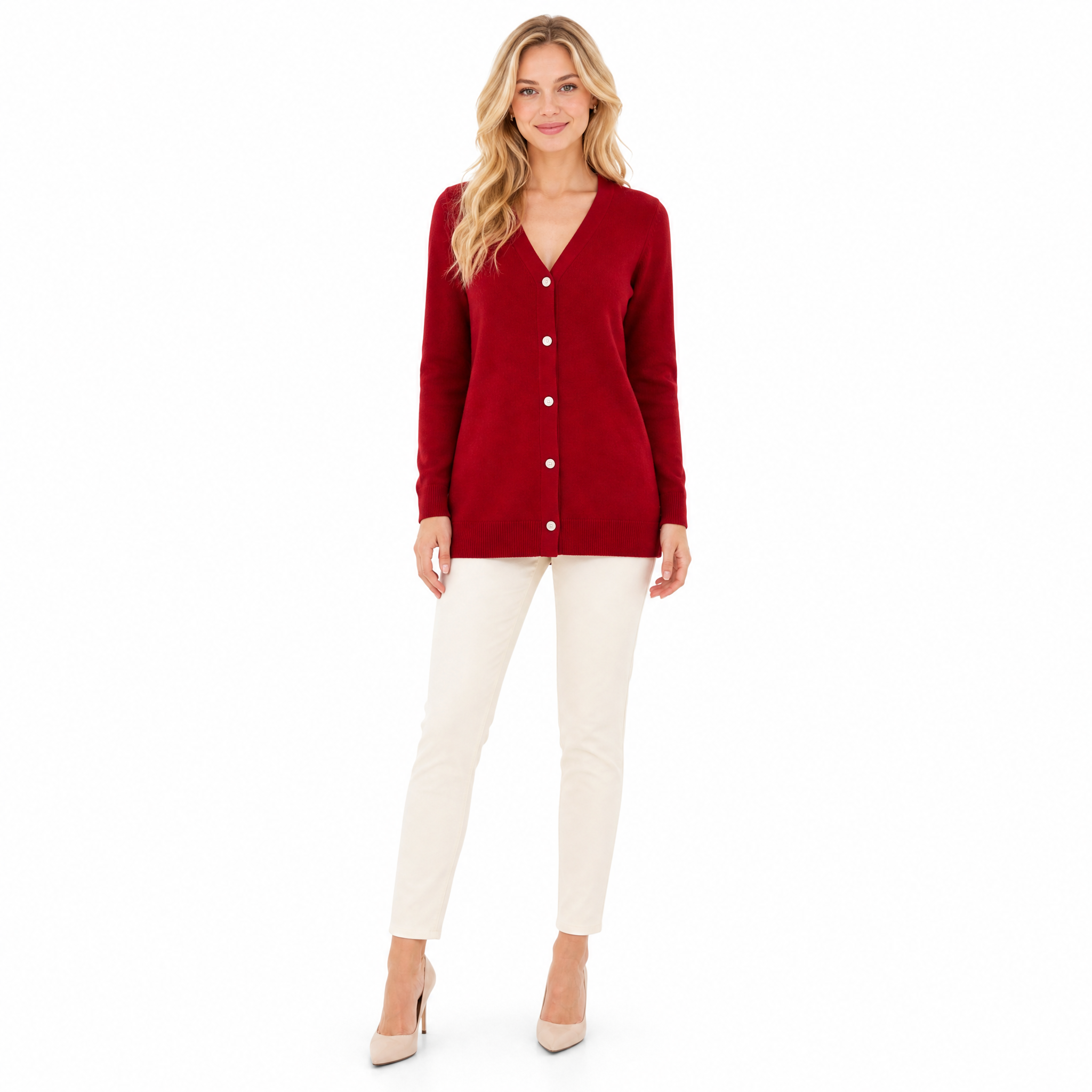Red Cashmere Single-Breasted Cardigan front view