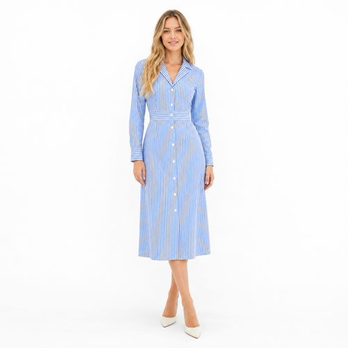 Blue Stripe Shirt Midi Dress front view