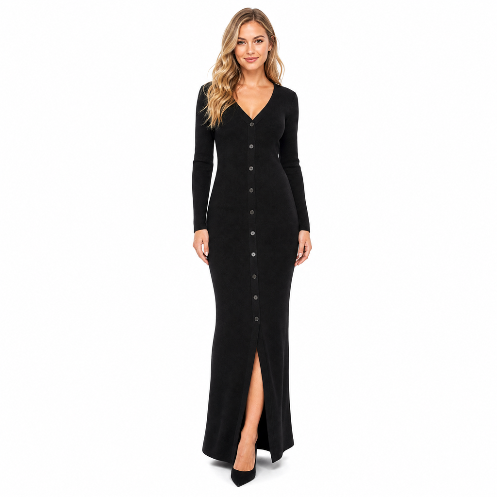 Black Knit V-Neck Maxi Dress front view