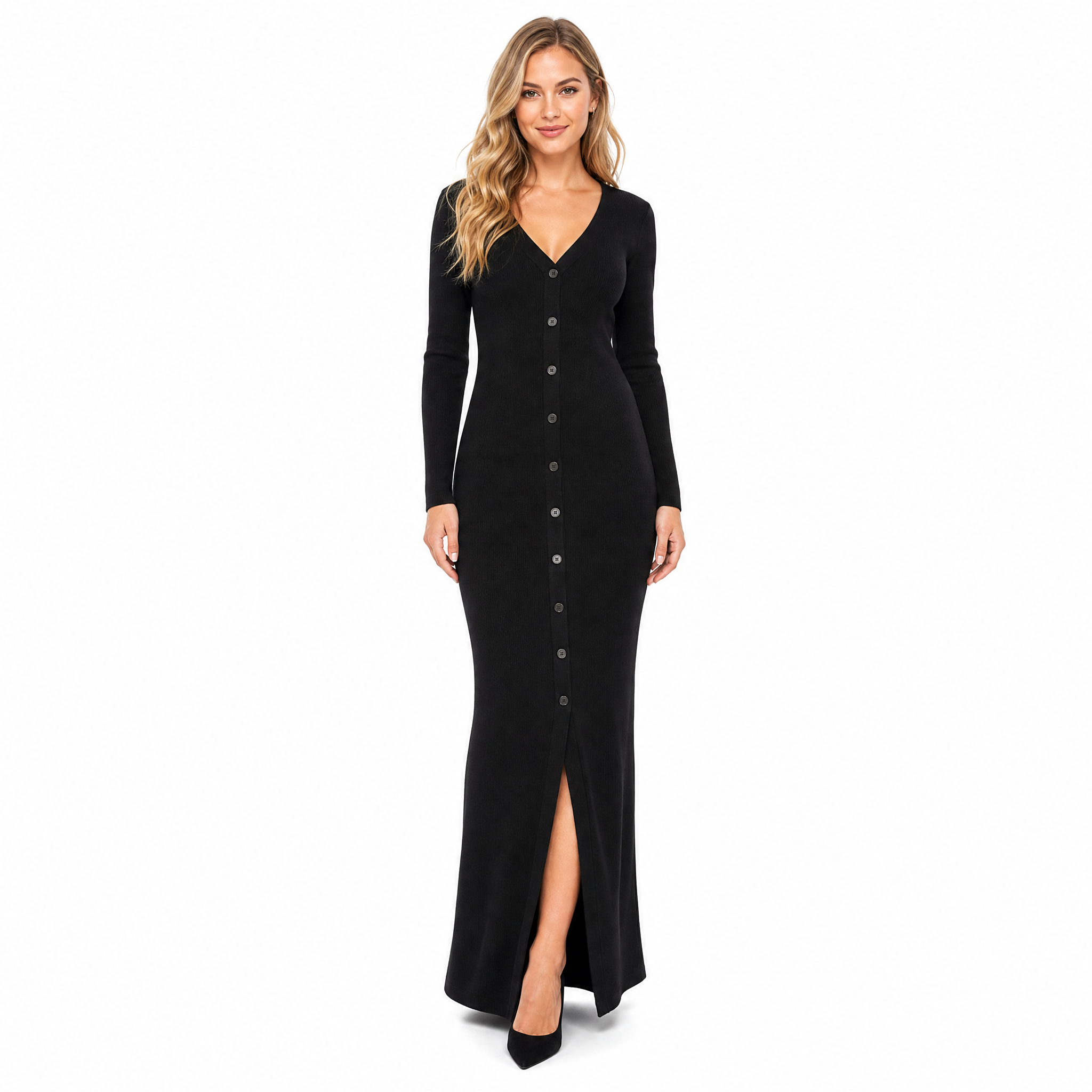 Black Knit V-Neck Maxi Dress front view