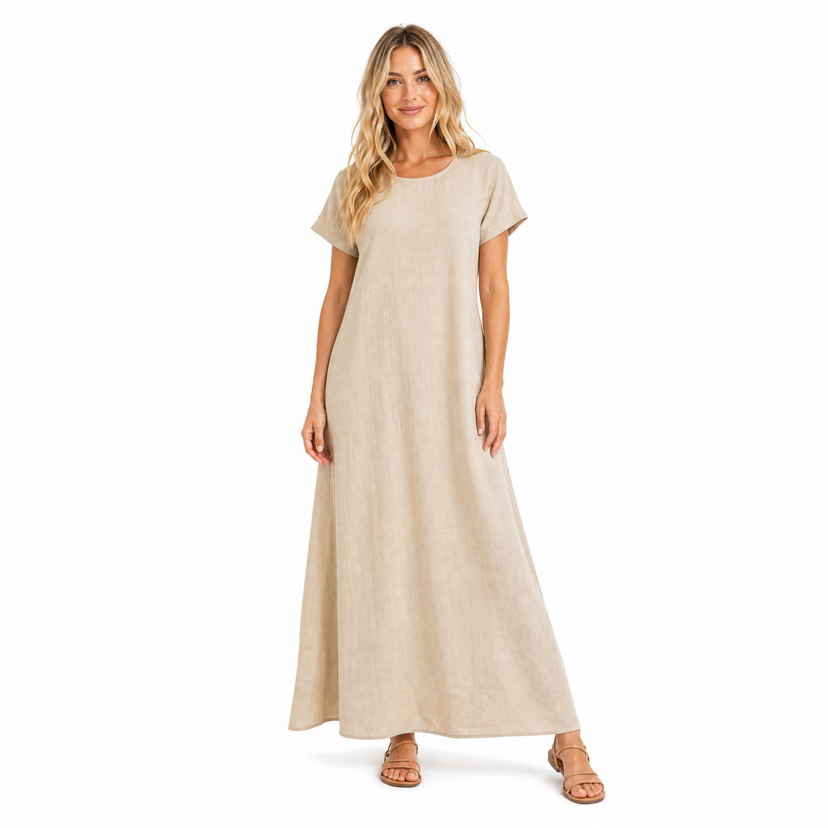 Beige Cotton-Linen O-Neck Maxi Dress | MaisonVyne – Maison Vyke