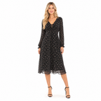 Black Floral Chiffon Long-Sleeve Midi Dress front view