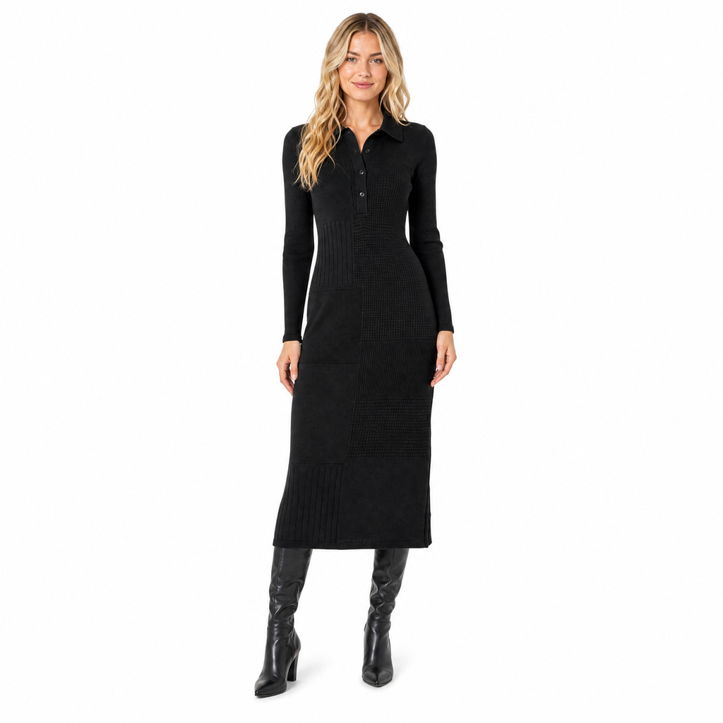 Black Patchwork Knit Shirt Midi Dress front view