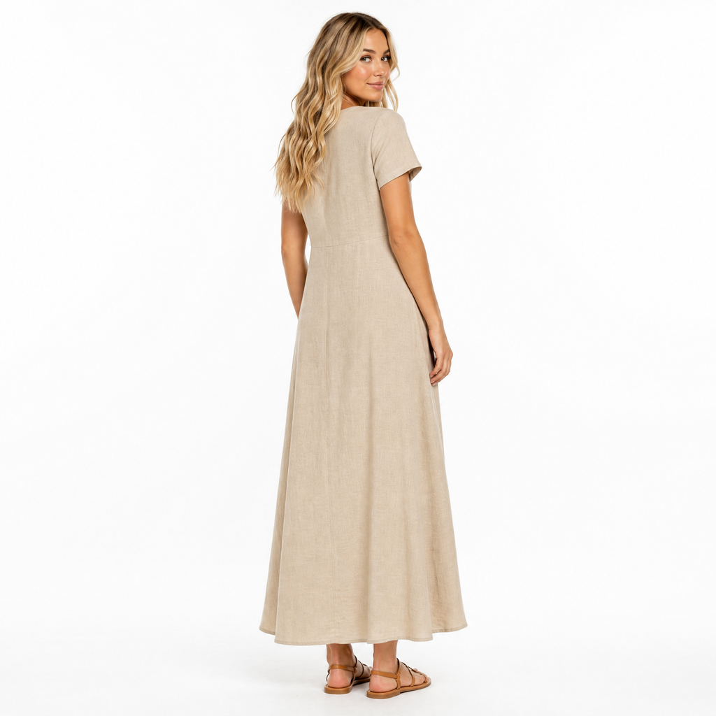 Beige Cotton-Linen Maxi Dress back view