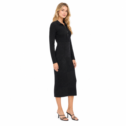 Black Patchwork Knit Midi Dress side view