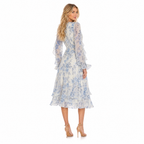 Blue Floral Chiffon Ruffle Midi back view