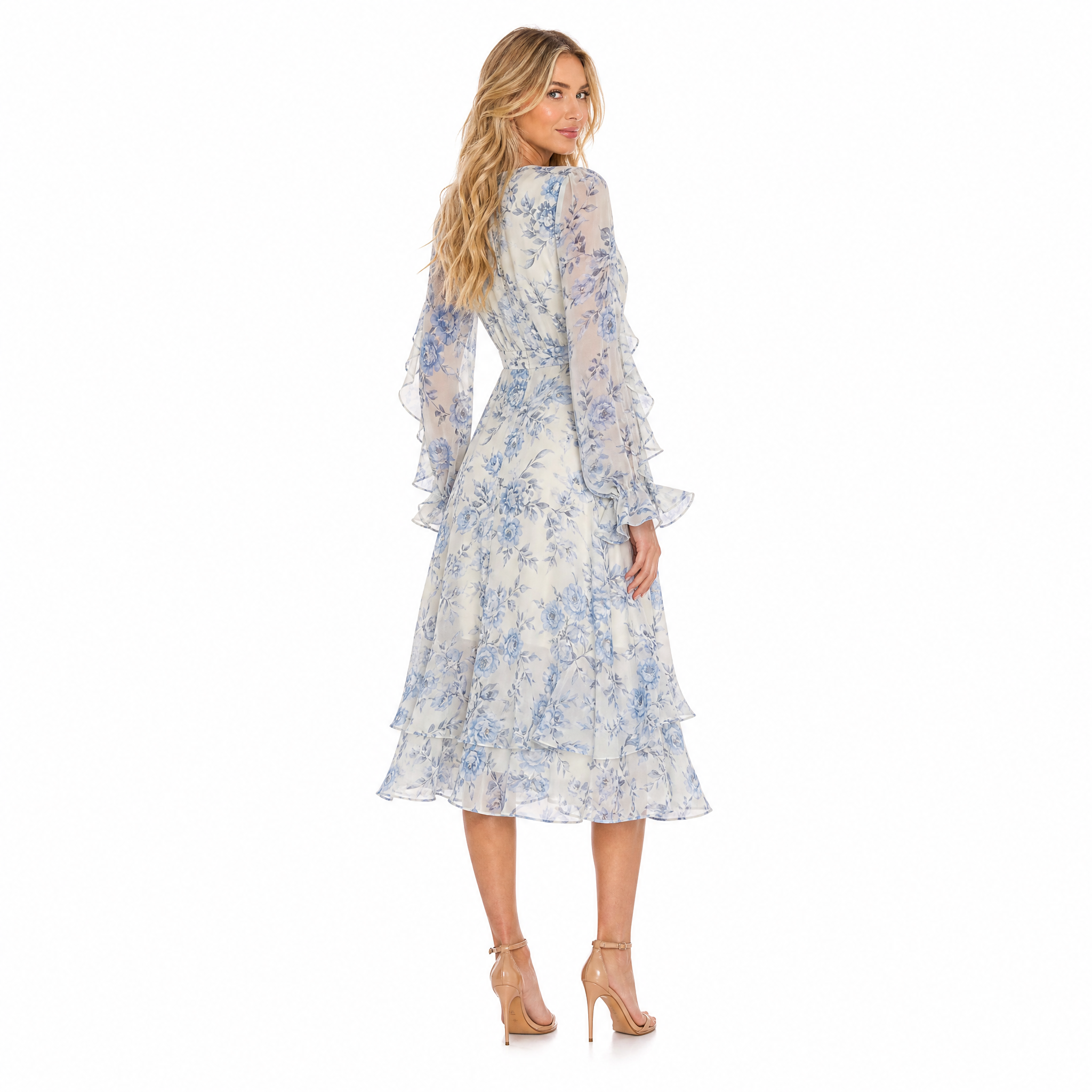 Blue Floral Chiffon Ruffle Midi back view