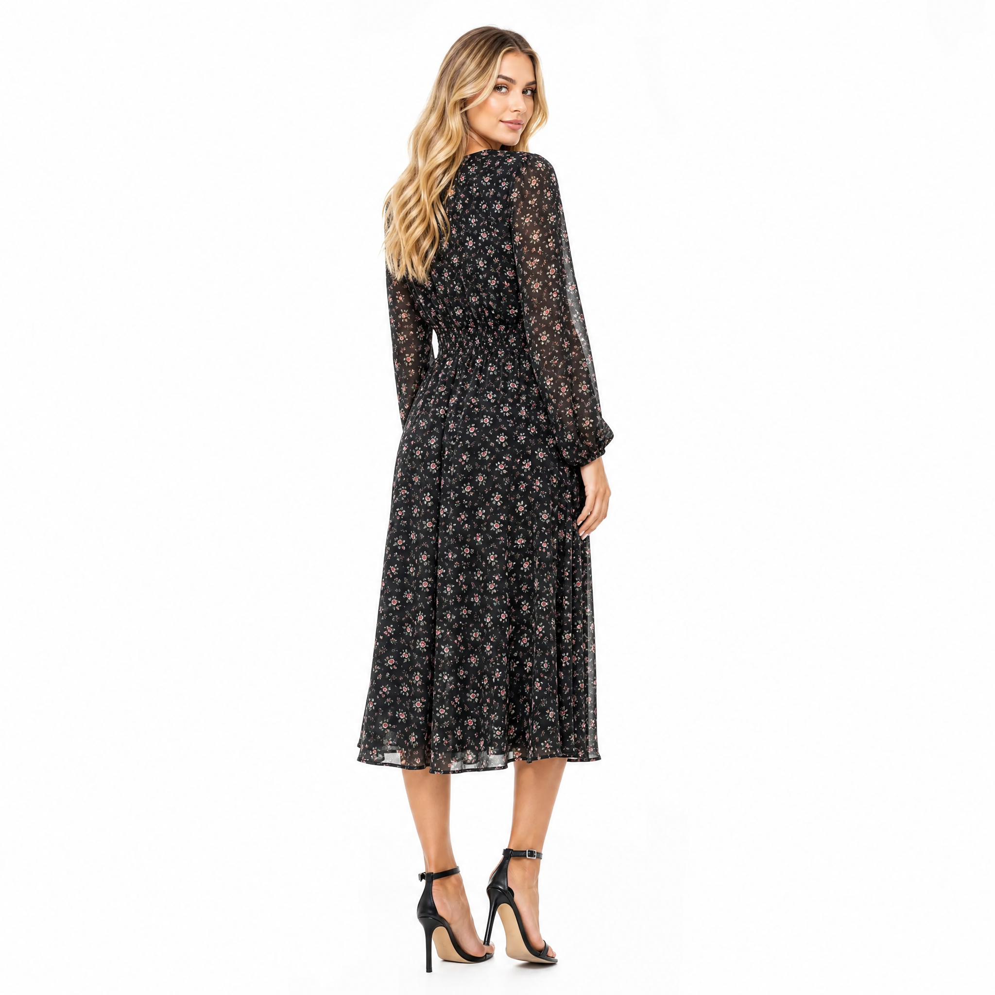 Black Floral Chiffon Midi Dress back view