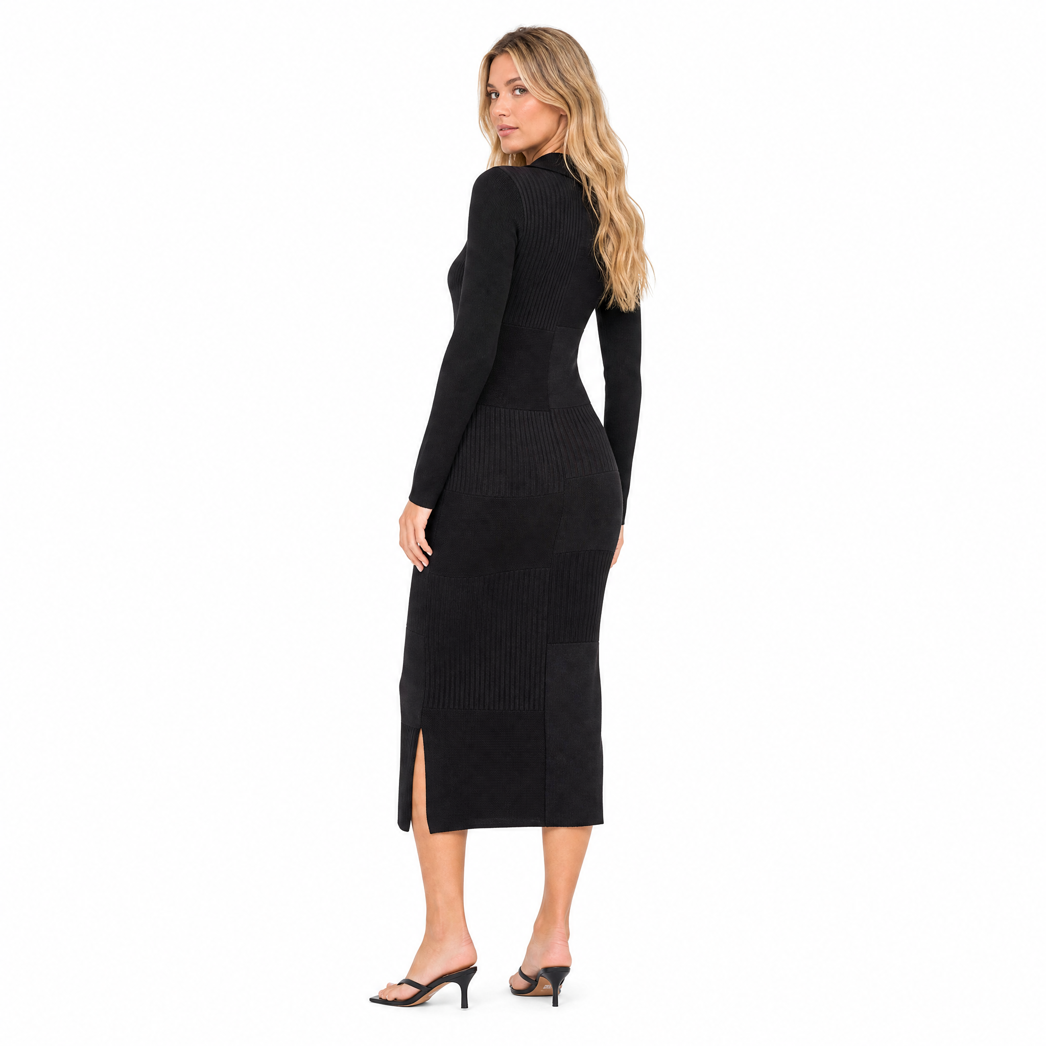 Black Patchwork Knit Midi Dress back view