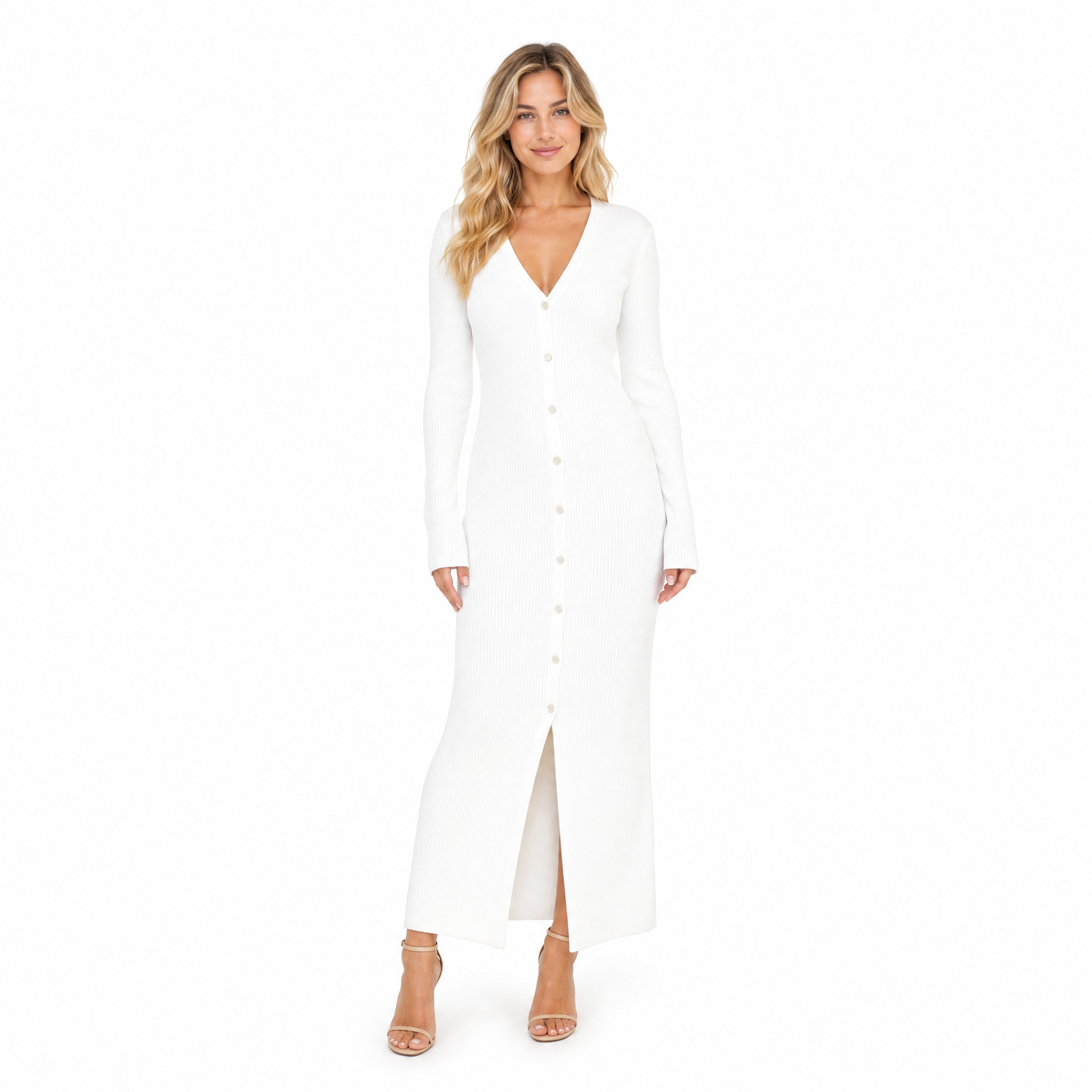 White Knit V-Neck Maxi Dress front view