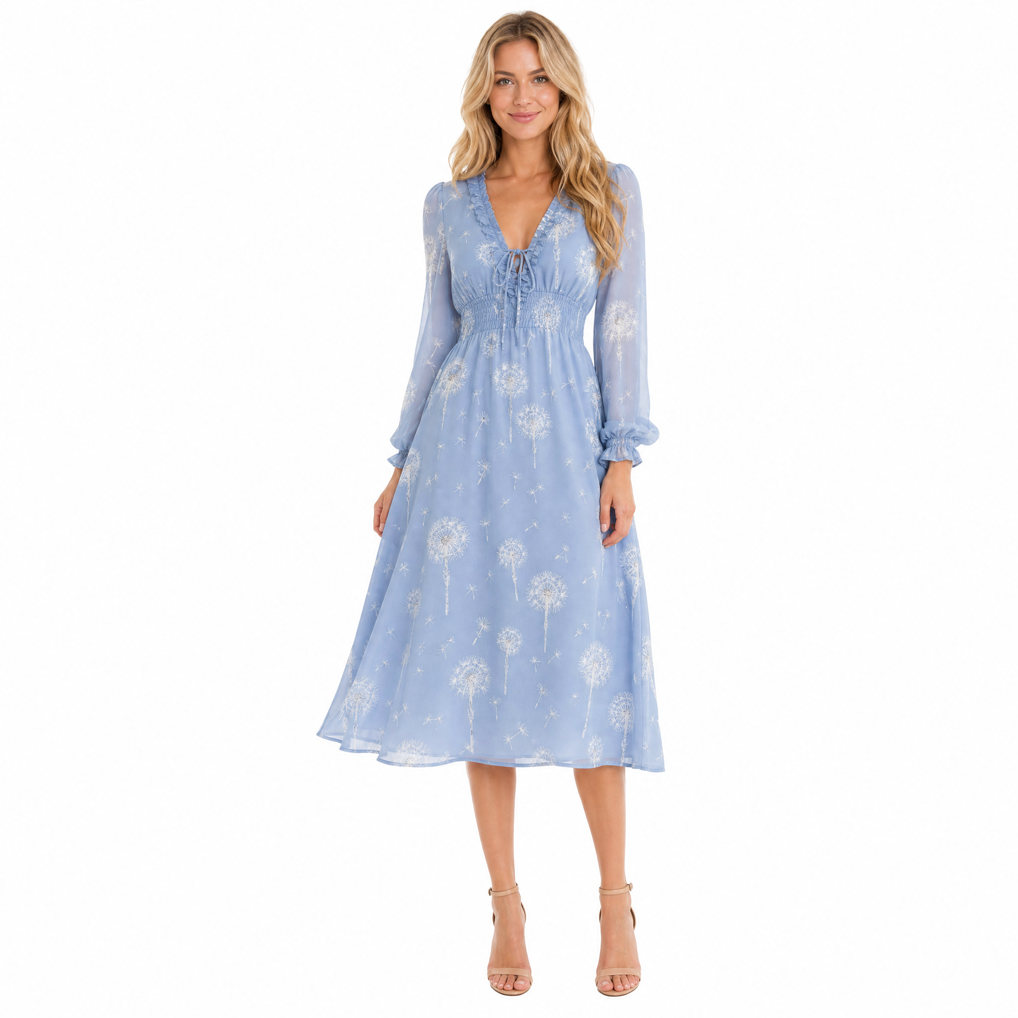 Blue Dandelion Chiffon Midi Dress front view