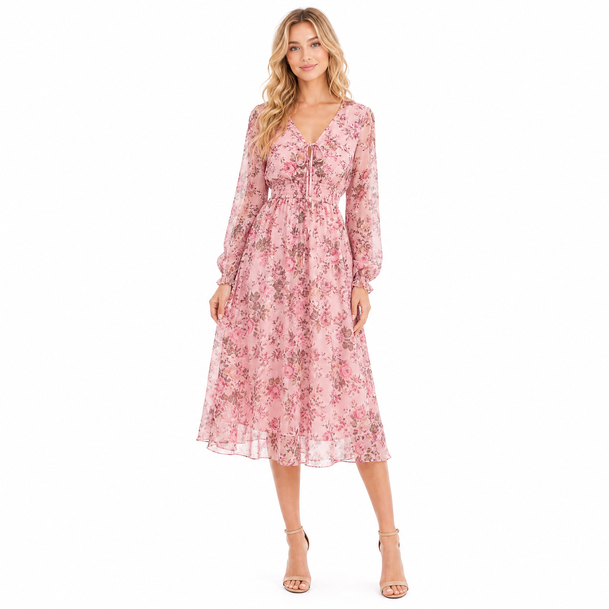 Pink Floral Chiffon Midi Dress front view