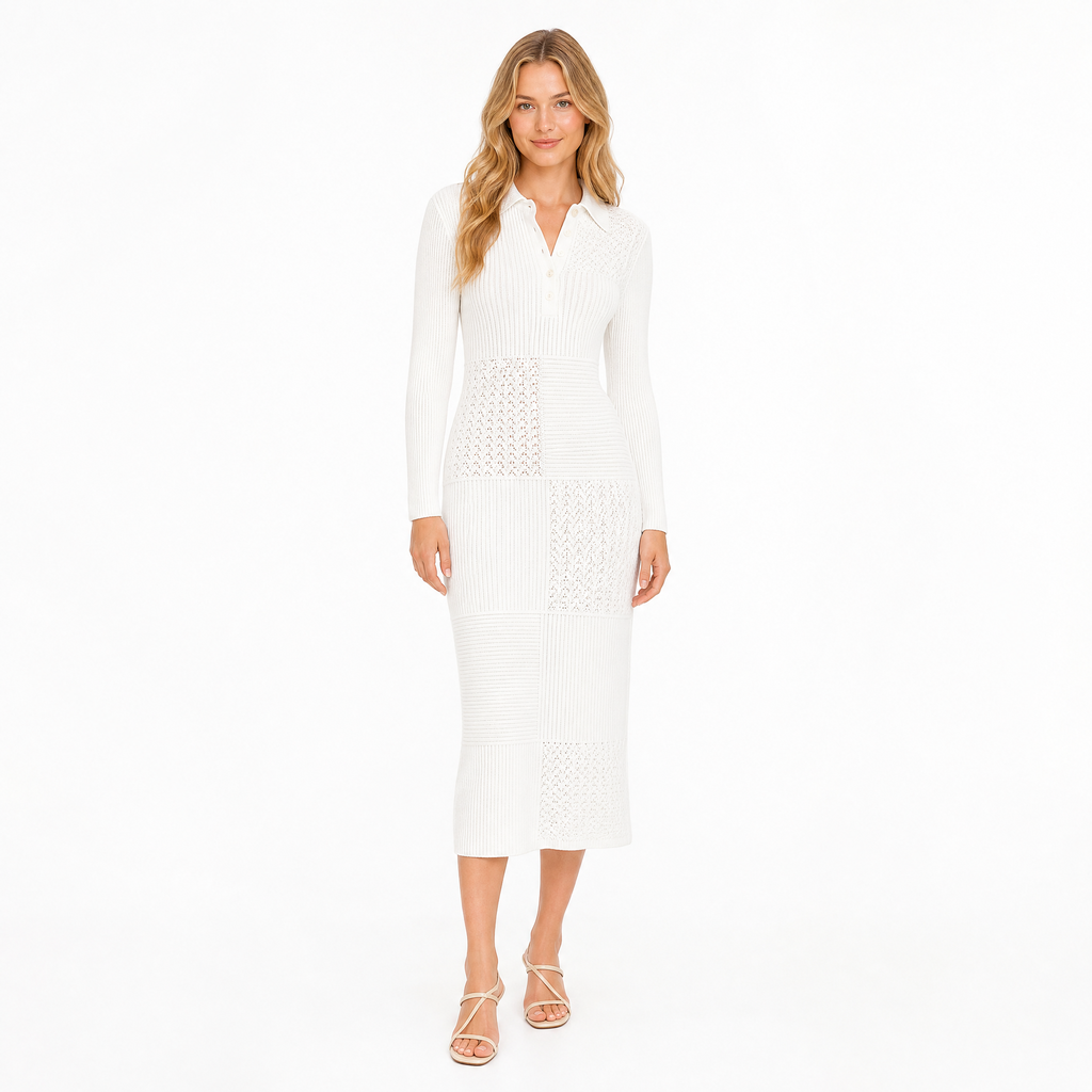 White Patchwork Knit Midi Dress front view