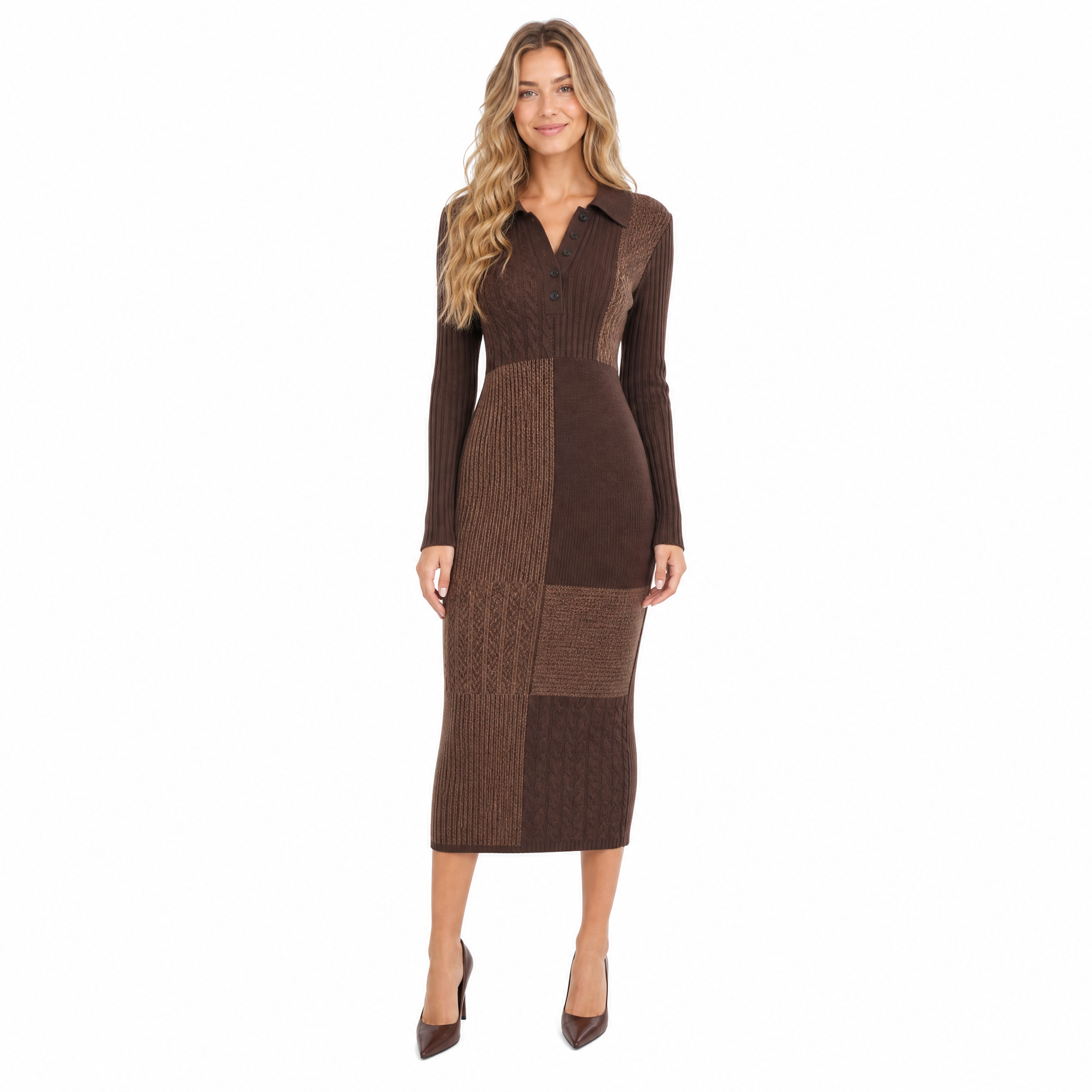Coffee Patchwork Knit Midi Dress front view
