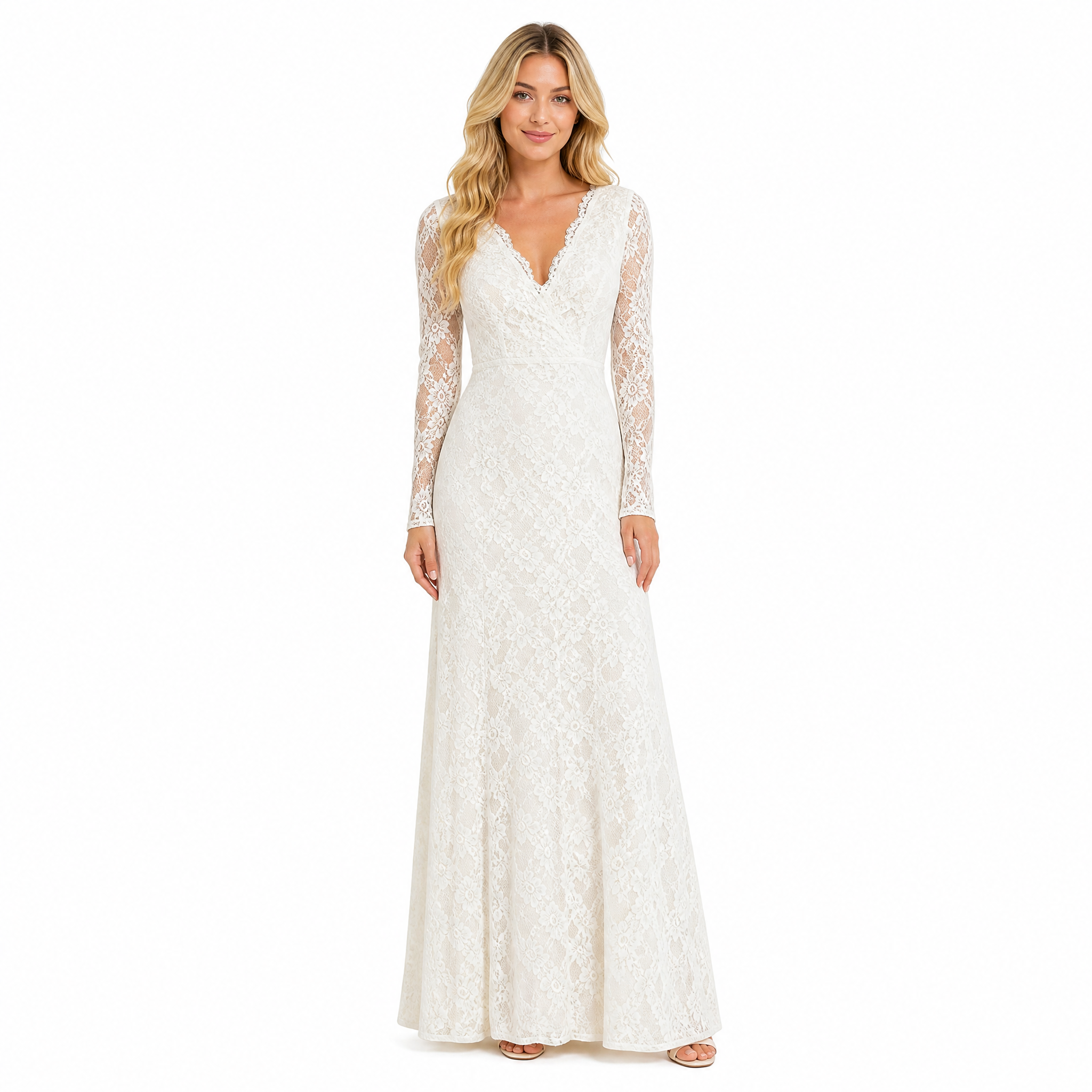 Ivory Lace Long-Sleeve Maxi Dress front view