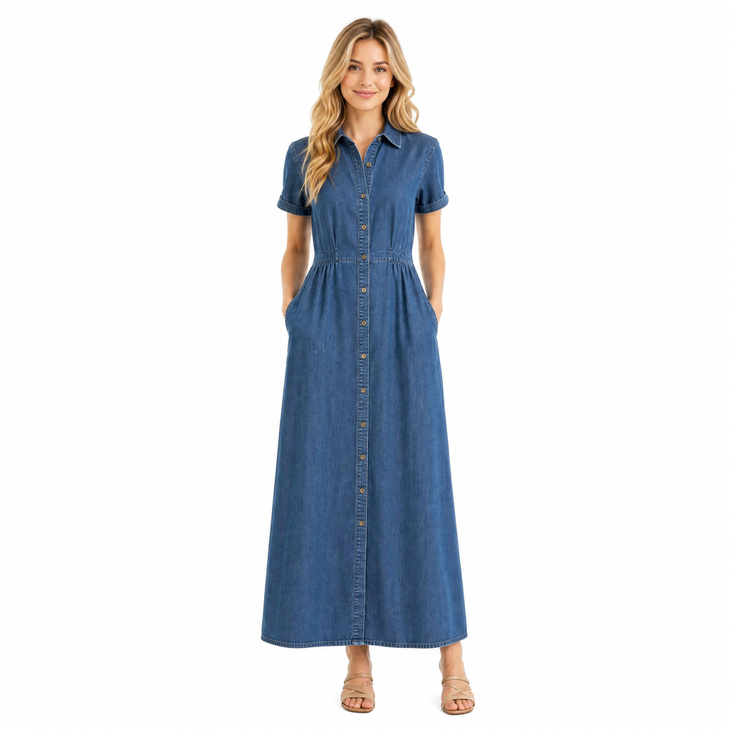Blue Denim Long Shirt-Dress Maxi front view