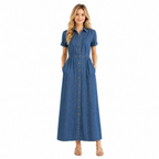 Blue Denim Long Shirt-Dress Maxi front view