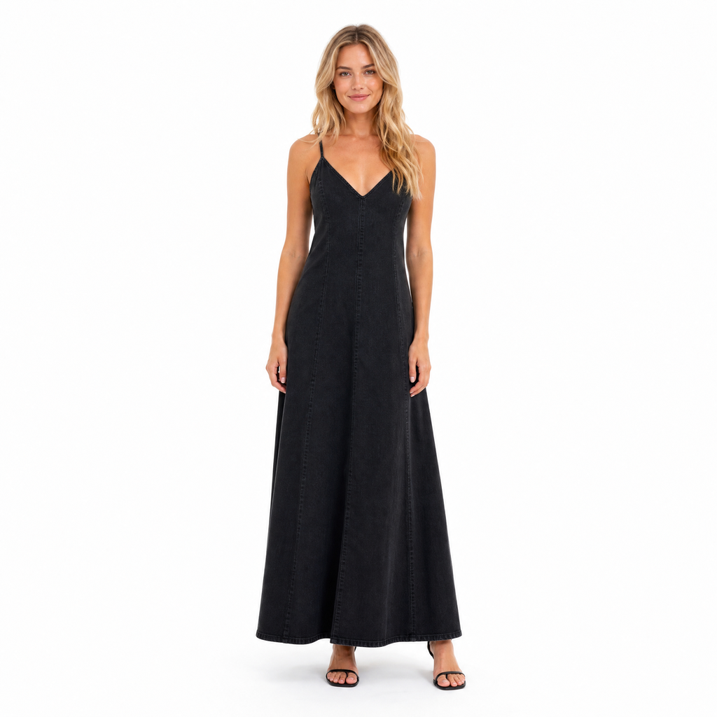 Black Lightweight Denim Maxi Dress front view