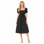 Black Polka Dot Square-Collar Midi Dress front view