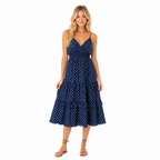 Navy Polka Dot Tiered Midi Dress front view