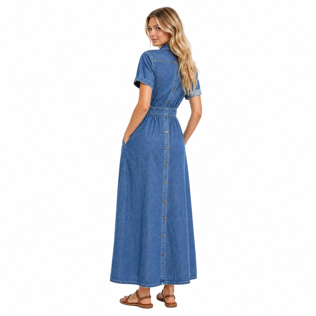 Blue Denim Long Shirt-Dress Maxi back view