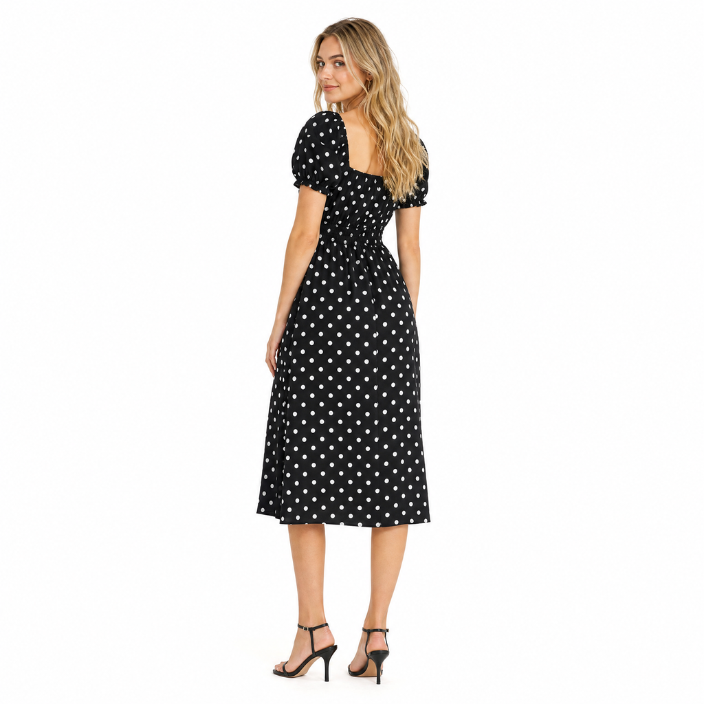Black Polka Dot Square-Collar Midi back view