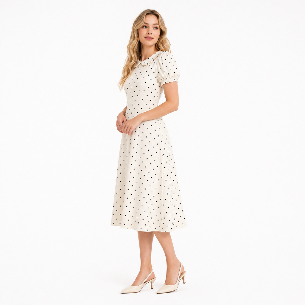 Cream Polka Dot Peter Pan Midi side view