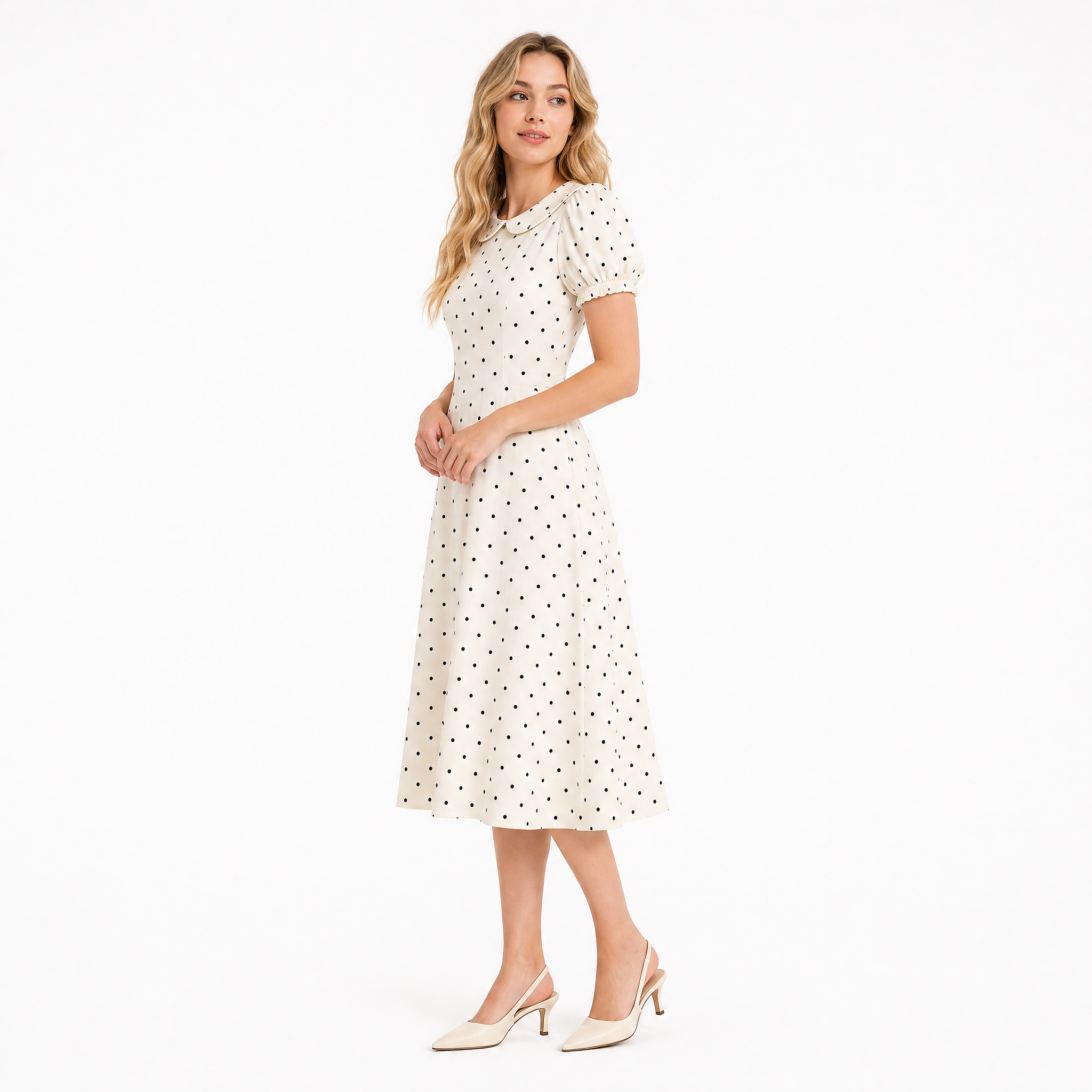 Cream Polka Dot Peter Pan Midi side view