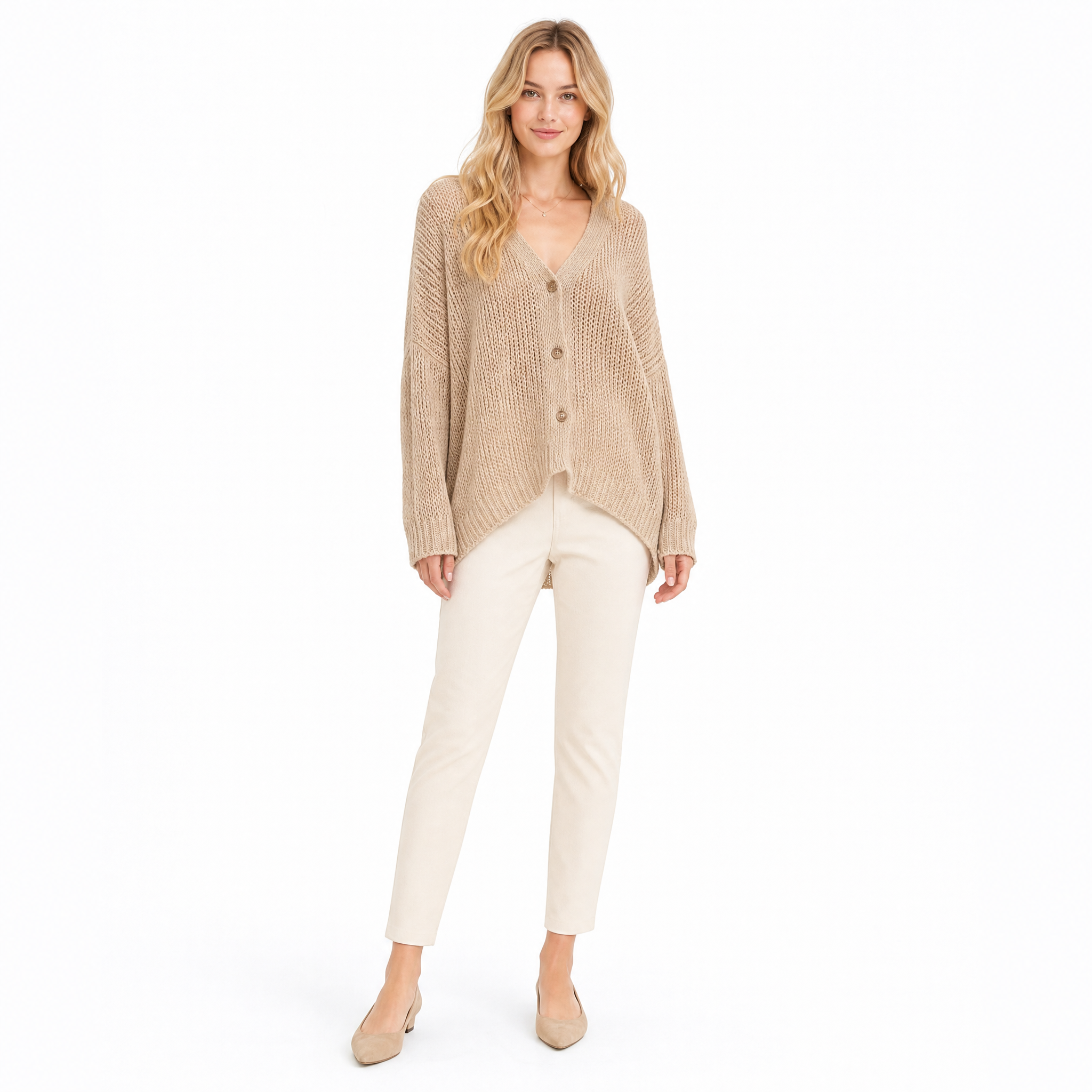 Khaki V-neck loose-knit cardigan front