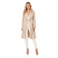 Beige V-neck open-stitch long trench coat front