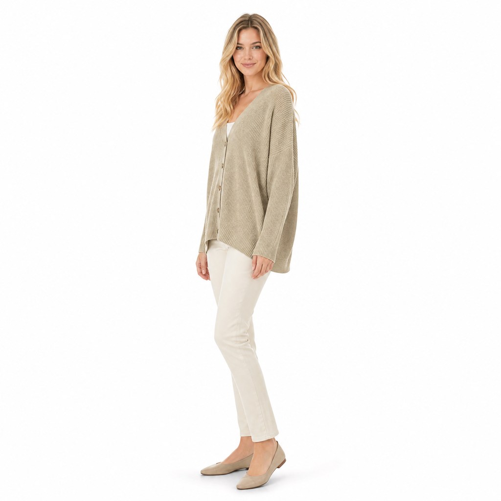 Khaki V-neck loose-knit cardigan side