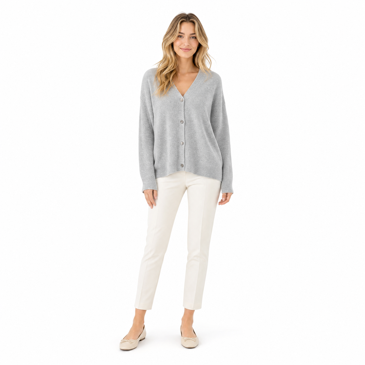 Gray V-neck loose-knit cardigan front