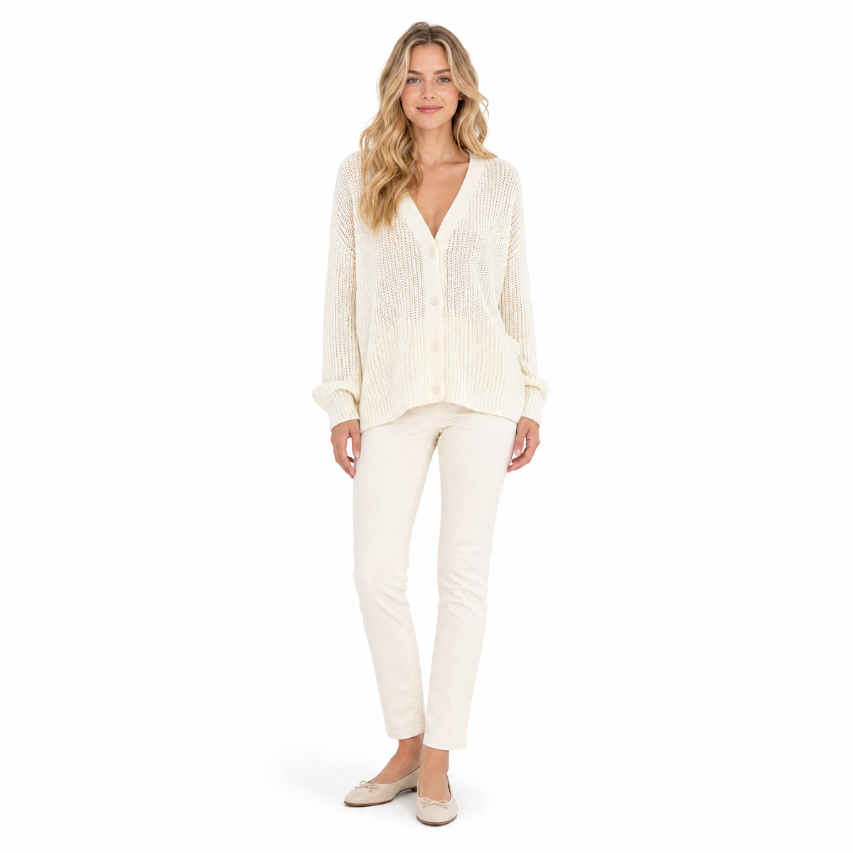 White V-neck loose-knit cardigan front