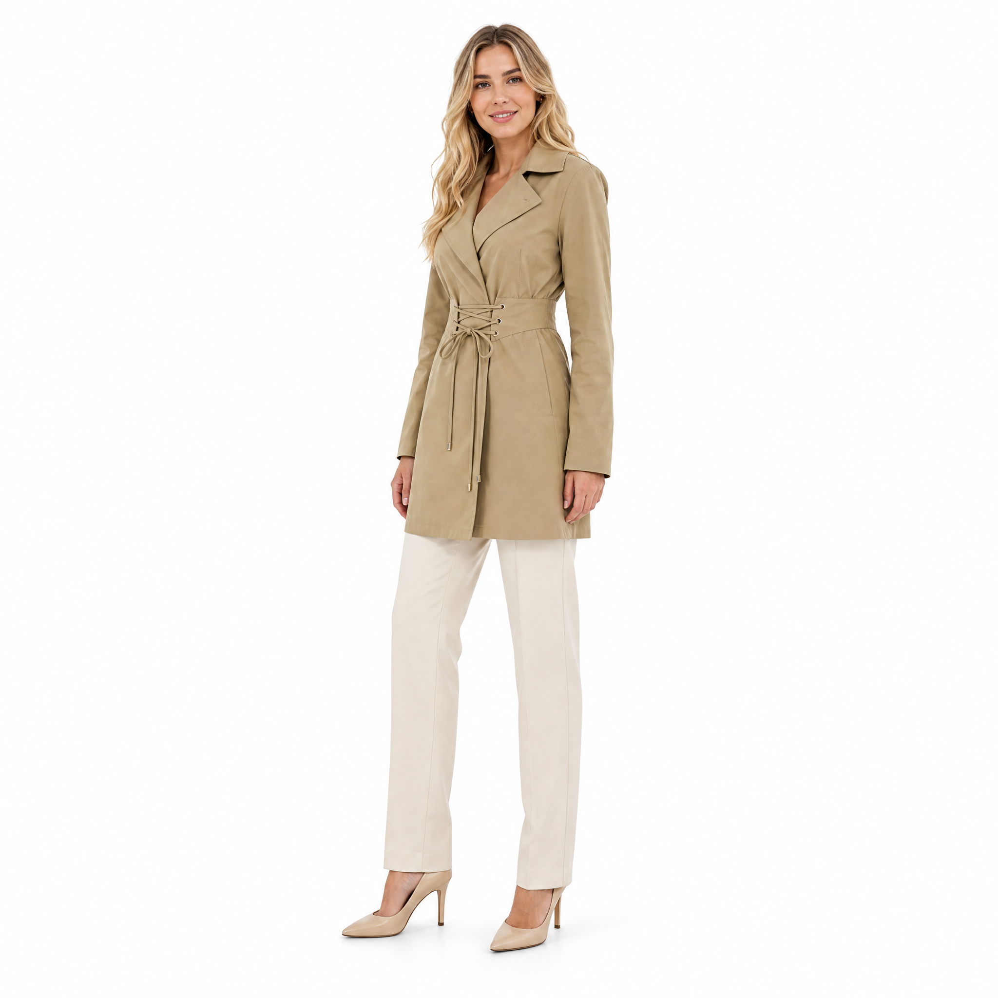 Khaki lapel lace-up short trench coat side