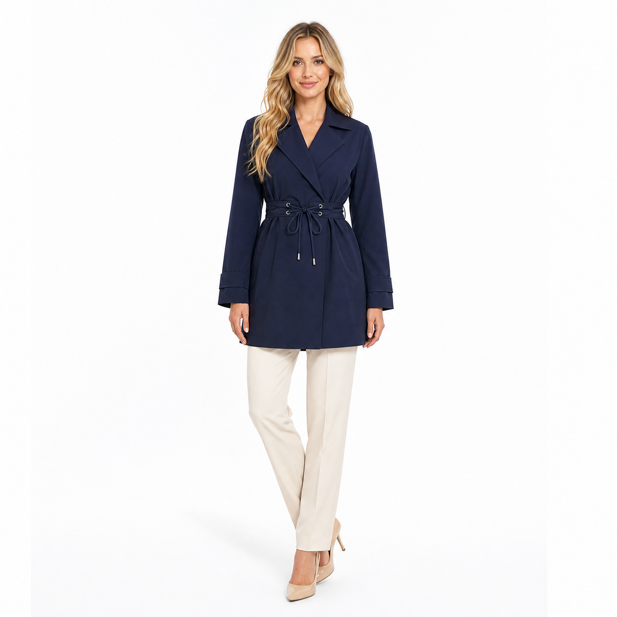 Navy Blue lapel lace-up short trench coat front