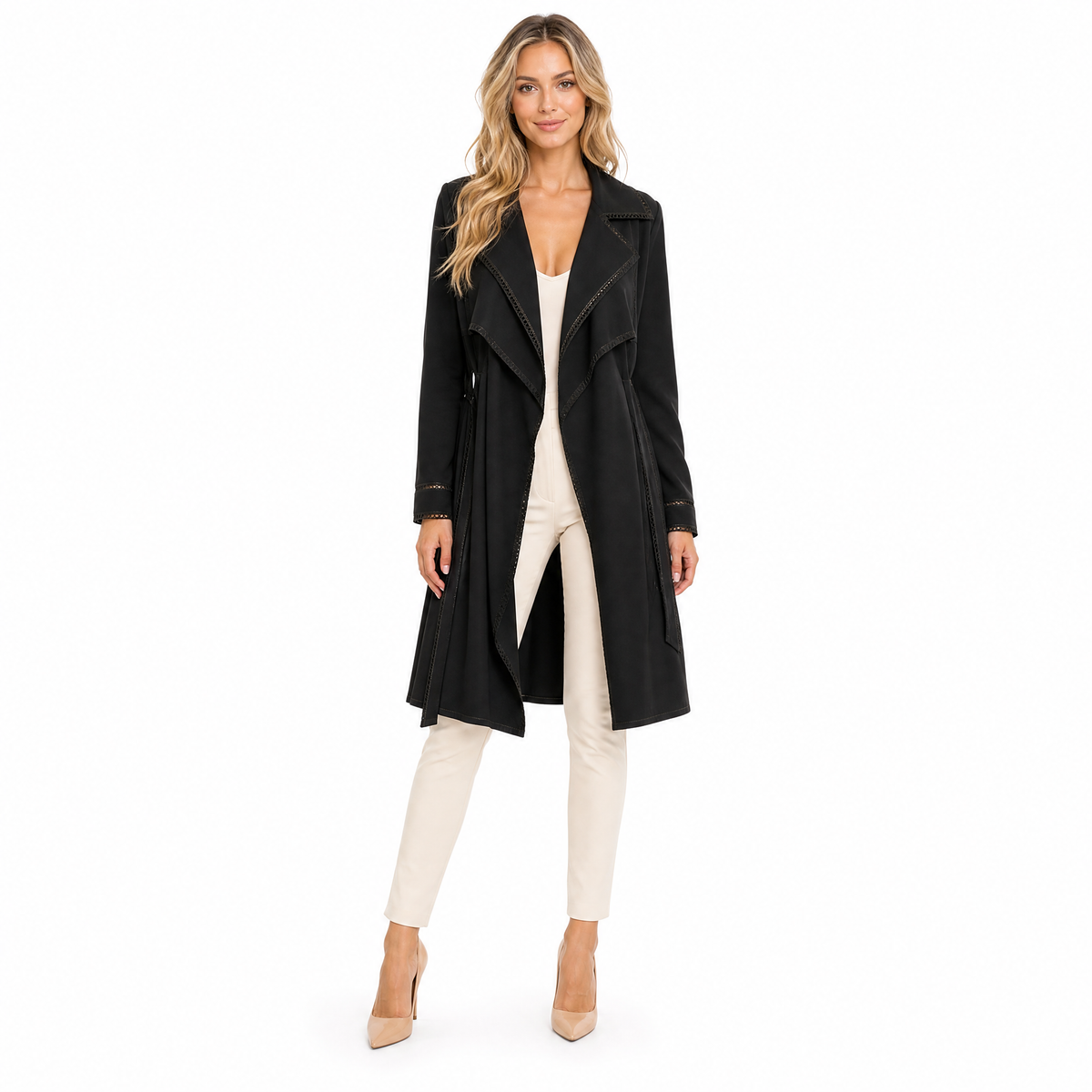 Black V-neck open-stitch long trench coat front