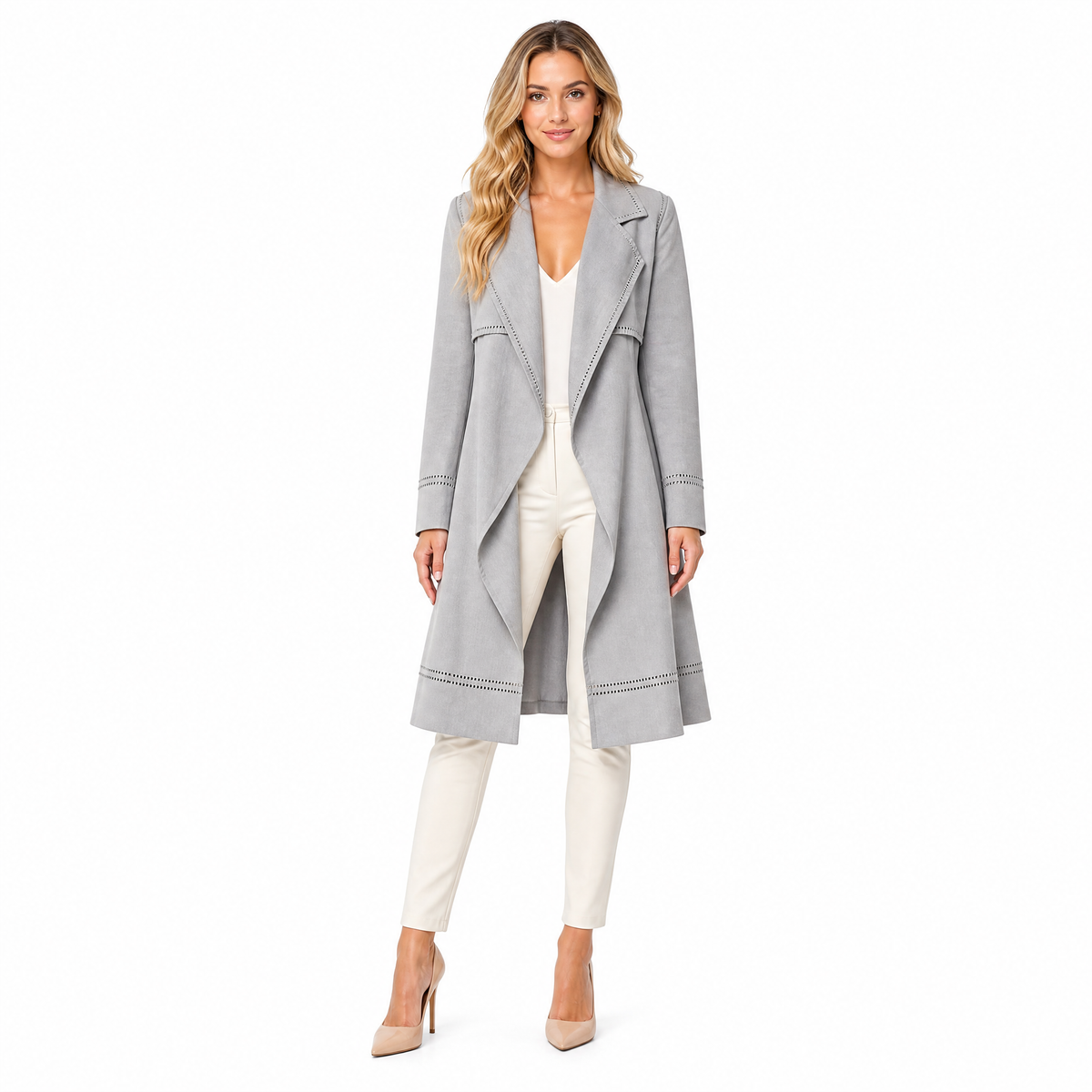 Grey V-neck open-stitch long trench coat front