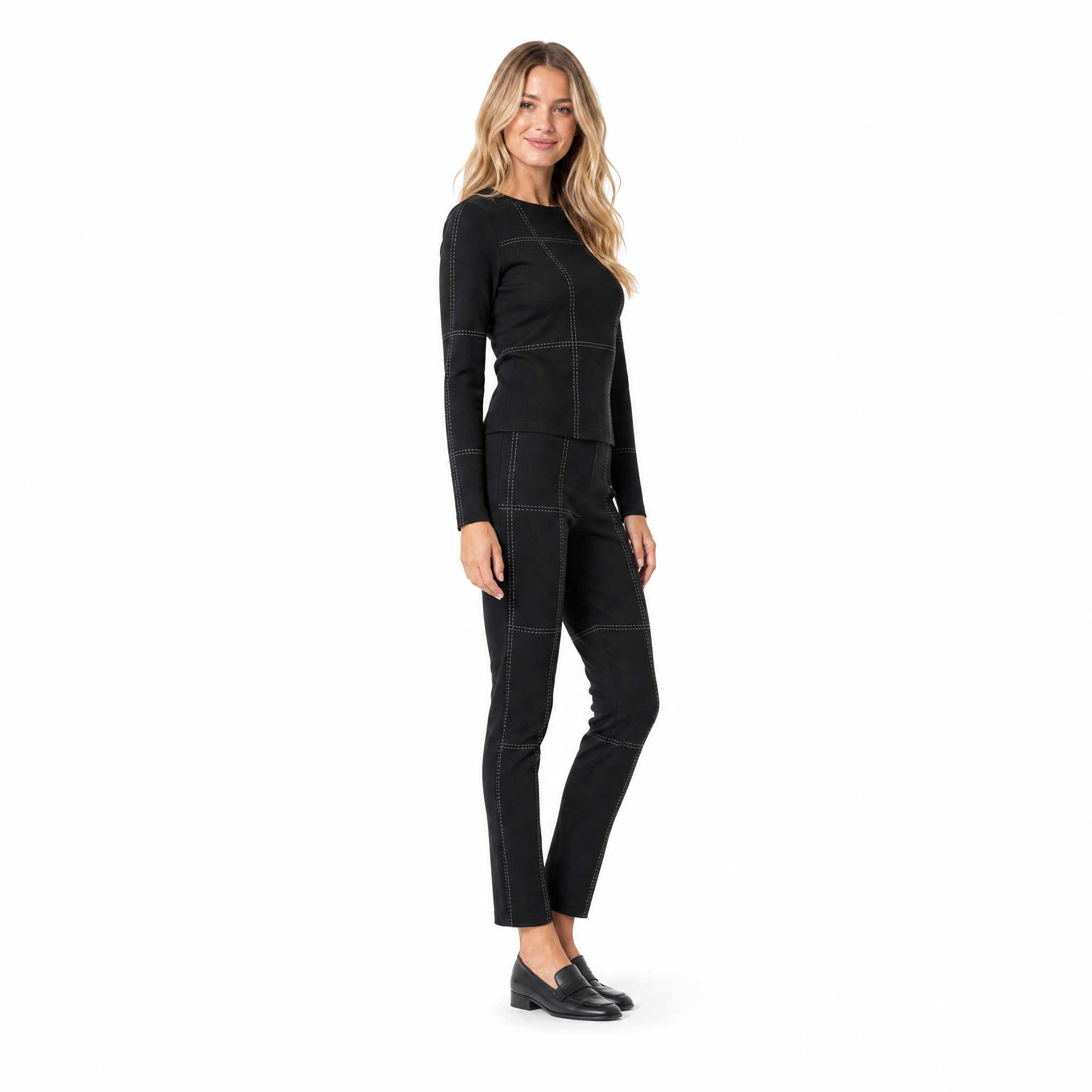 Black print-stitching two-piece set side