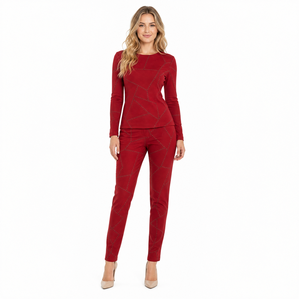 Red print-stitching two-piece set front