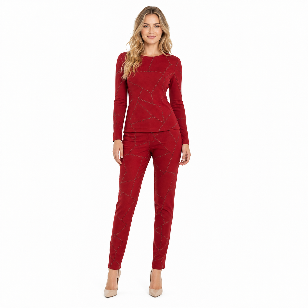Red print-stitching two-piece set front