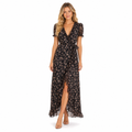 Black floral chiffon V-neck puff-sleeve maxi dress front view