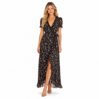 Black floral chiffon V-neck puff-sleeve maxi dress front view