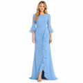 Sky blue ruffled chiffon wedding guest maxi dress front view