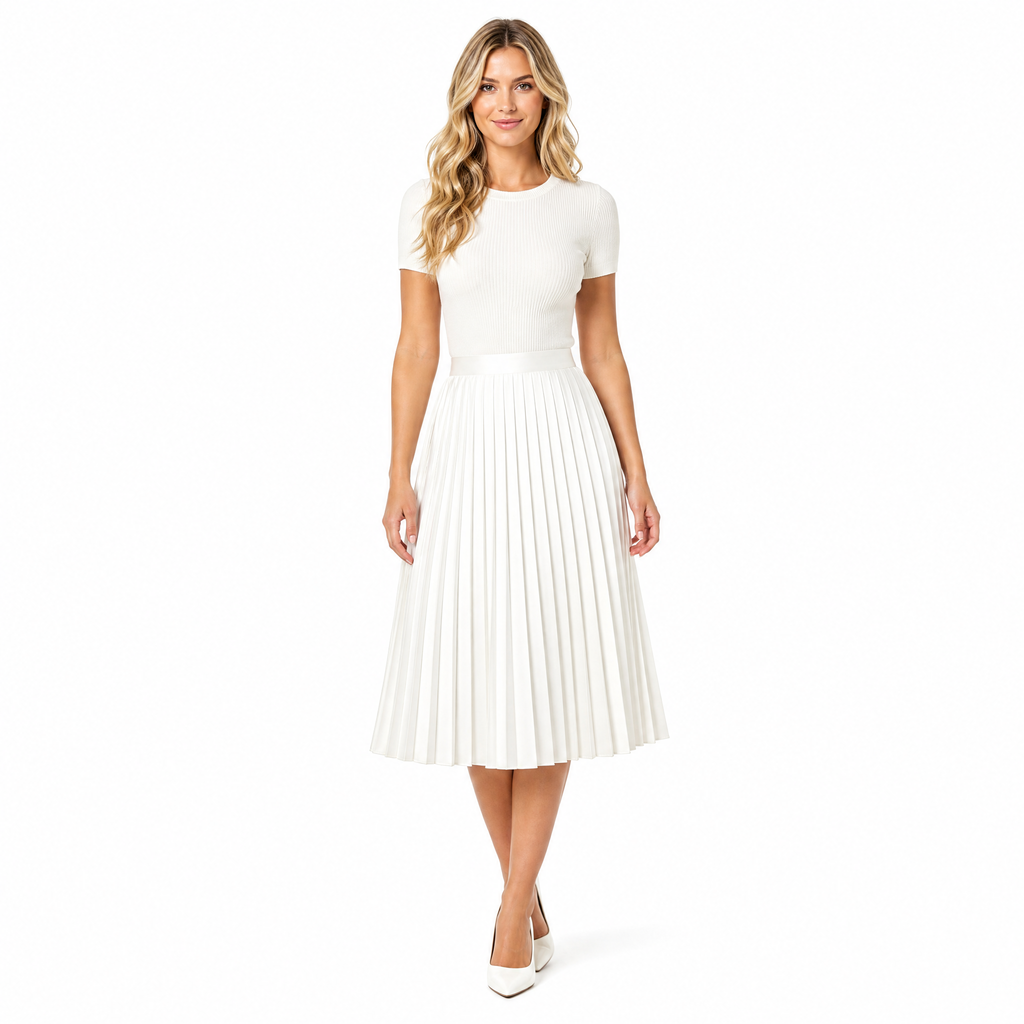 White vintage satin pleated A-line midi skirt front view